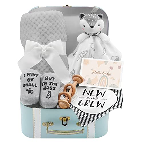 Baby Gift Set, Baby Shower Gifts Basket Newborn Blanket Baby Lovey Security Blanket, Funny Baby Bibs Socks & Greeting Card - Baby Gift Basket Newborn Shower Basket for Boys