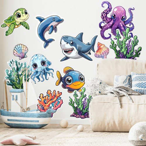 Sea Animal Stickers for Walls - Hi-Res Vinyl Ocean Animal Wall Decals for Nursery & Classroom - Ocean Animal Stickers for Kids Room Wall Decor - Easy Application Adhesive Decals