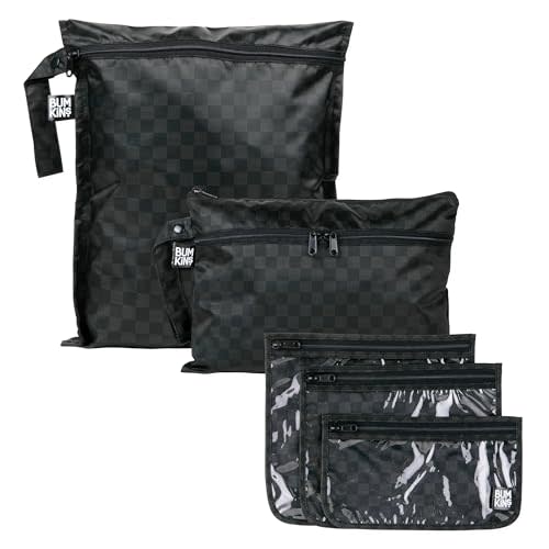 Bumkins Waterproof Wet Bag and Packing Pouches, TSA Airline Compliant, Pack for Baby, Travel, Swim Suit, Cloth Diapers, Pump Parts, Pool, Gym Clothes, Toiletry, Daycare, Zip Bag, 5-pc Set Black Check