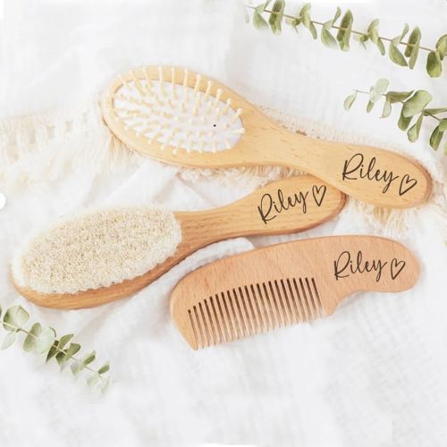 3PCS Personalized Baby Brush and Comb Set,Custom Name Baby Hairbrush,Wooden Engraved Infant Hair Brush,Baby Hair Brush Infant Head Massager,for Newborn Hair Brush Baby Shower Personalized Gifts