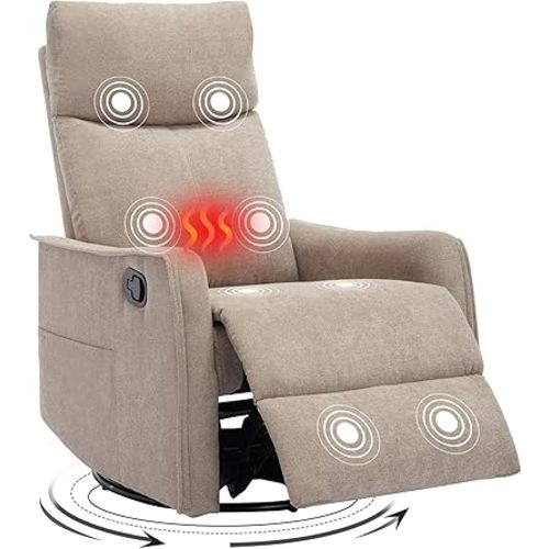 Swivel Rocker Recliner Chair, 360° Swivel Recliner with Heat and Massage, Rocker Recliner Upholstered Fabric Nursery Glider Recliner Chair with Side Pockets for Living Room, Khaki