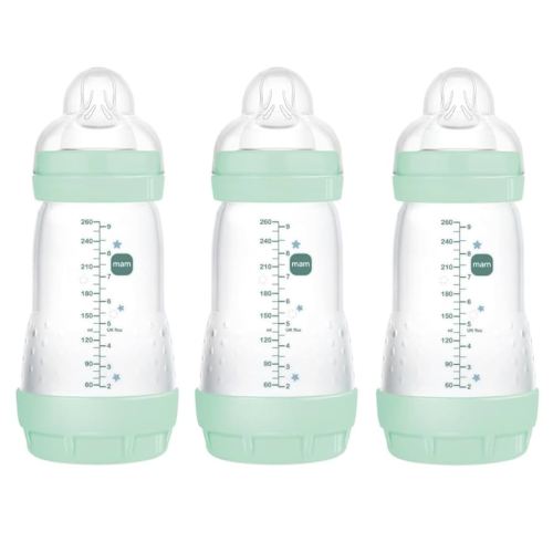 MAM 9oz Easy Start Anti-Colic Baby Bottles, Medium Flow, Breastfeeding-Like Silicone Nipple Bottle, Reduces Colic, Gas, & Reflux, Easy-to-Clean, BPA-Free, Colors May Vary