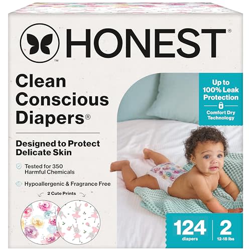 The Honest Company Clean Conscious Diapers for Sensitive Skin | Hypoallergenic, Fragrance Free | Girl Prints | Super Club Box, Size 2 (12-18 lbs), 124 Count (Prints May Temporarily Vary)