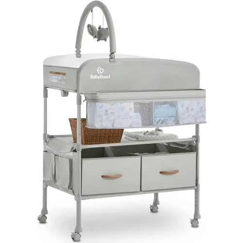 Portable Baby Changing Table with 2 Storage Baskets, BabyBond Foldable Changing Table Dresser Waterproof Diaper Changing Table Height Adjustable Changing Station for Infant and Newborn(Beige)