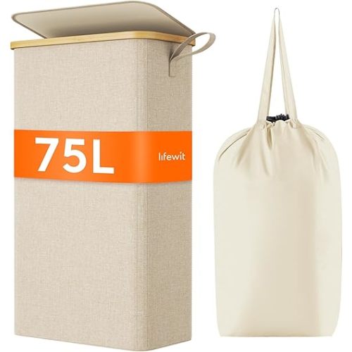 Lifewit 75L Slim Laundry Hamper with Lid, Narrow Laundry Basket with Removable Bag & Bamboo Handles, Fodable Thin Dirty Clothes Hamper for Laundry Collapsible Bin for Bathroom Bedroom Dorm, Beige