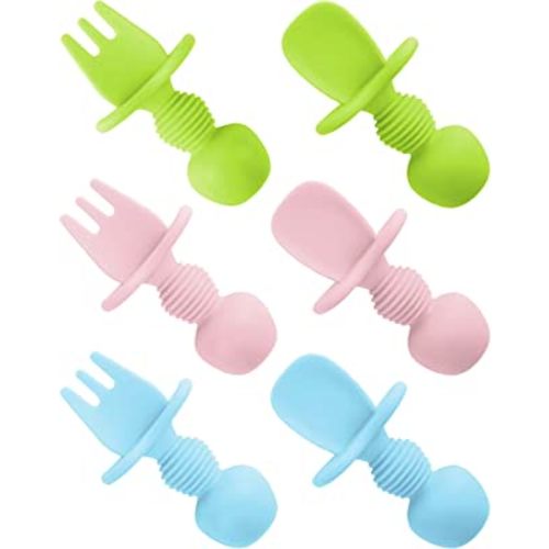 6 Pcs Silicone Baby Spoons First Stage and Fork, Toddler Utensils for Led Weaning, Chewable for Self-Feeding