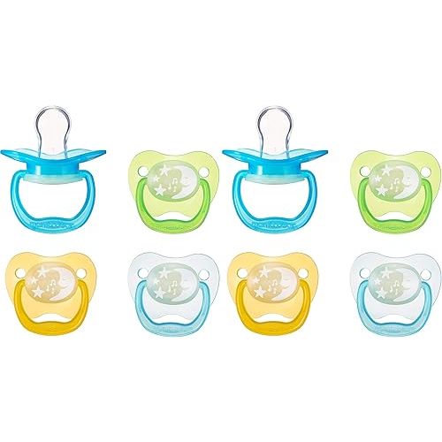 Amazon Brand - Mama Bear Glow-in-The-Dark Baby Pacifier, Stage 1 (0-6M), BPA Free, Assorted Colors (Pack of 8)
