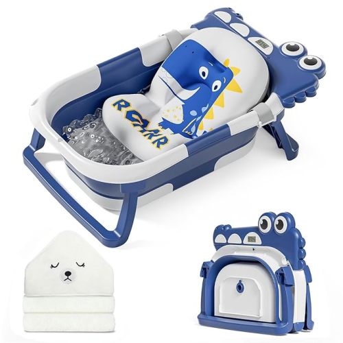 MoreFeel Collapsible Baby Bathtub for Newborn with Thermometer & 1 Hooded Towel & 1 Soft Floating Cushion,Portable Travel Bathtub with Drain Hole, Durable Foldable Baby Tubs for Infants to Toddler