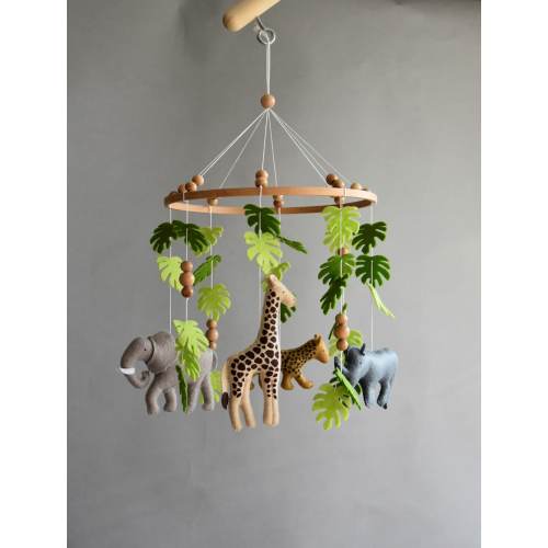 Baby mobile Safari neutral animals nursery mobile felt Africa safari giraffe, hippo, cheetah and elephant, wooden pearls mobile, Safari crib