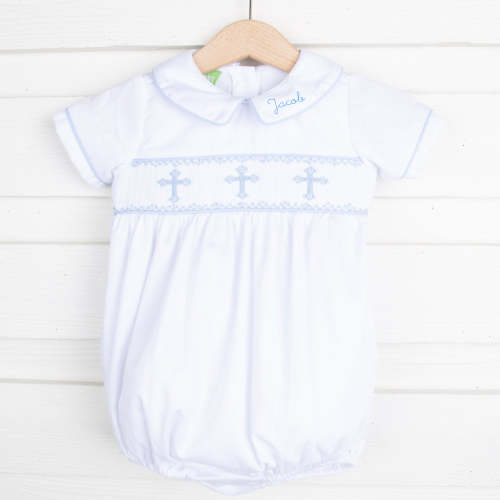 Blue Cross Smocked White Boy Bubble