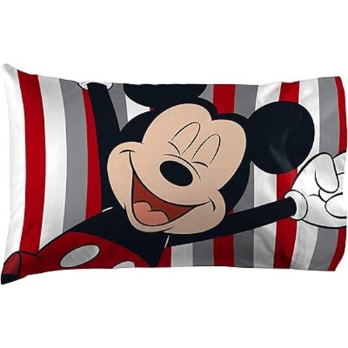Jay Franco Disney Mickey Mouse Stripes 1 Pack Pillowcase - Double-Sided Kids Super Soft Bedding
