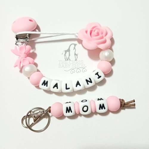 Flower Rose Pacifier Clip Holder & Mom Keychain Set, Personalized Name