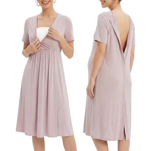 OUGES Stain Resistant Fabric Labor/Delivery/Hospital Gown Maternity Dress Wrap V Neck Snap Down Back Nursing Nightgown