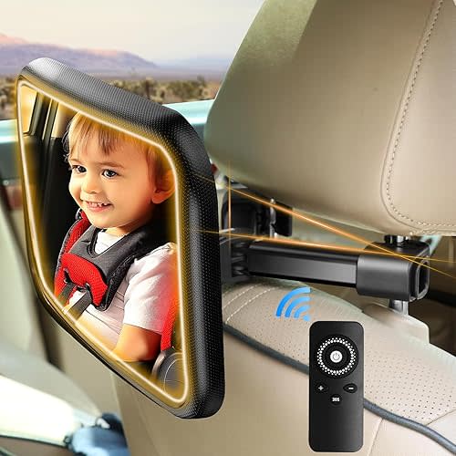 Baby Car Mirror Rear Facing - Shatterproof Large Auto Mirrors with Light for Viewing Infant Safety in Back Seat, 360° Adjustable Clip On Mirror with Wide Angle