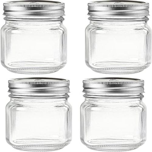 Regular Mouth Mason Jars 8 oz - (4 Pack) - Regular Mouth 8-Ounces Mason Jars With Ball Airtight lids and Bands - For Canning, Fermenting, Pickling, Freezing - Glass jar, Microwave & Dishwasher Safe