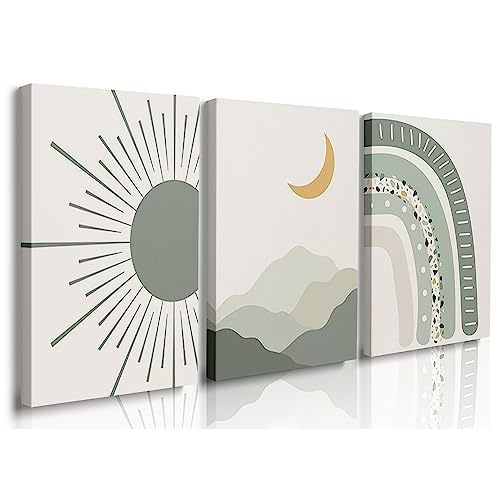 igno Boho Nursery Print Set of 3,Sun Rainbow Moon Baby Room Posters,Sage Green Wall Art Celestial Bedroom Kids Room Wall Art Decor, Abstract Art Prints,Mid Century Mountain Art for Home Decor 12"x16"
