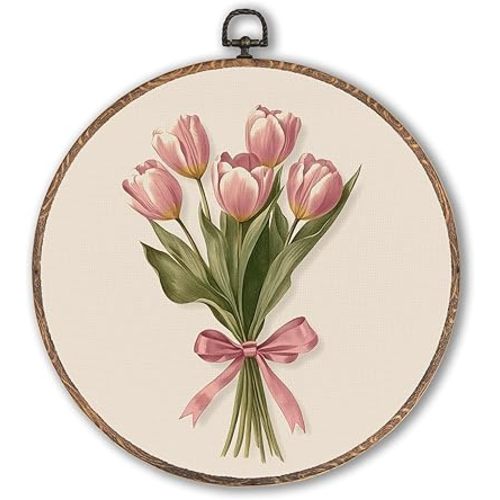 Pink Coquette Bow Tulip Bouquet Floral Round Wall Art Framed, Pink Floral Round Wall Decor, Vintage Flower Hanging Canvas Prints Wall Sculptures for Home Bedroom Living Room Decor, 10x10 Inch