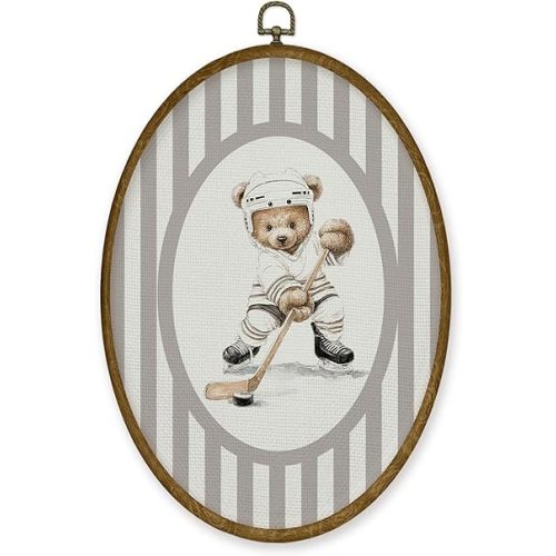 JMENGSSFL Vintage Hockey Bear Nursery Oval Wall Art Decor, Hockey Bear Canvas Prints, Striped Sports Framed Wall Art for Kids Boy Toddler Room Playroom Decor, 8.6x11.4 Inch