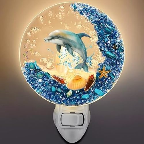 Hortsun Plug in Seashell Night Light Ocean Sea Animal Decorative Night Light Plug in Beach Lamps Vintage Ocean Lamps for Adult for Home Bedroom Living Room Bathroom Wall(Dolphin)