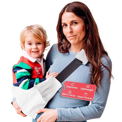 Ergonomic Lightweight Adjustable Toddler Sling Baby Carrier with Zipper Pockets Shoulder Padding Anti Slip Support for Travel Loving Dads and First Time Moms from 9 Months to 4 Years
