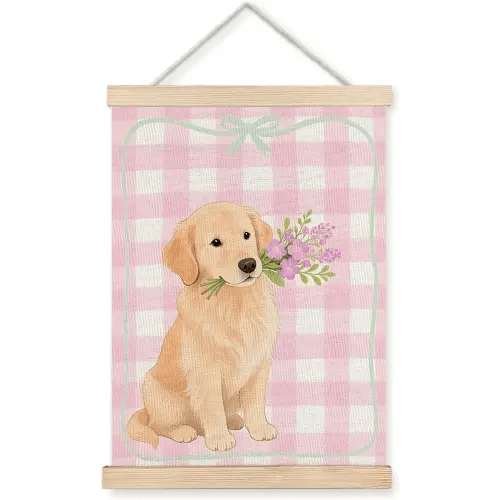 ignytiger Pink Preppy Dog Wall Art Poster Framed, Girly Room Decor Aesthetic, Cute Golden Retriever Floral Canvas Wall Art Prints for Girl Bedroom Dorm Apartment Decor, 12x16 Inches