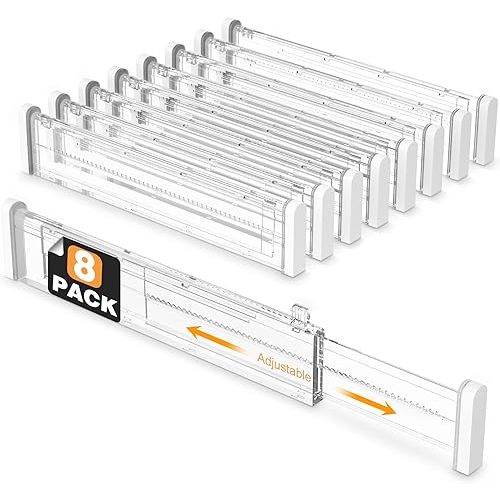 HiYZ Expandable Drawer Dividers - 12.6-22.8'' Adjustable Drawers Organizers for Kitchen Utensils, Drawer Separators in Bedroom, Dresser, Office, Bathroom, Fridge, 8 Pack Long Dividers-Clear