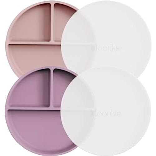 Moonkie Suction Plates for Baby | 100% Silicone BPA-Free Baby Plates with Lids and Food Cover | Divided Design | Microwave and Dishwasher Safe | Toddler Plates 2 Pack