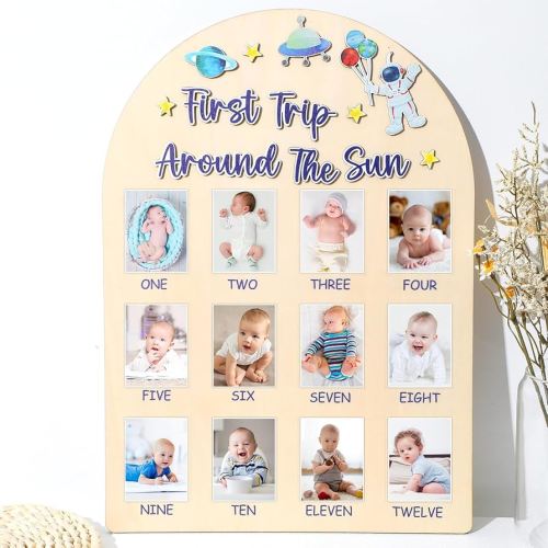Space First Trip Around The Sun Photo Board One Year Birthday Party Decoration First Year Milestone Photo Board 12 Monthly Picture Frame for Baby Boy Keepsake Gift Supply 2x2.8In