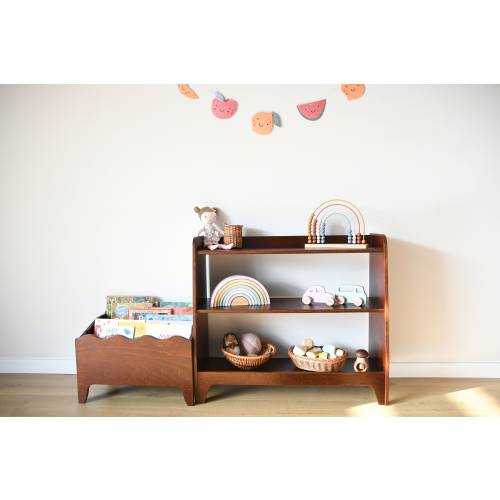 a Montessori Toddler Toy Shelf, Kids Display Shelf, Toys Storage in Dark Brown Stain