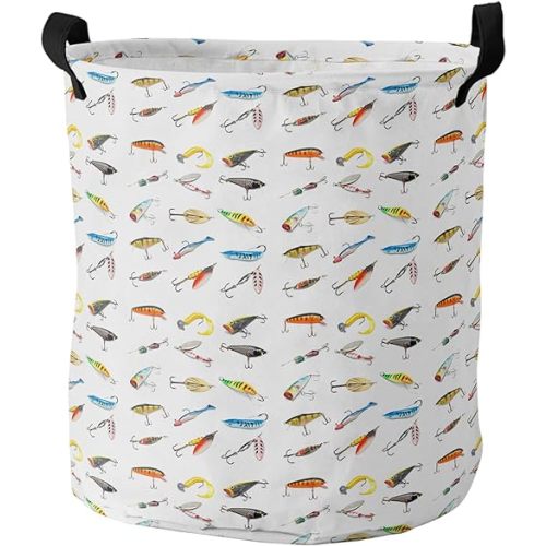 17-inch Laundry Hamper Foldable Laundry Basket, Seaside Fishing Waterproof Clothes Hamper for Bathroom Bedroom Living Room, Various Fish Hook Patterns Toy Baskets for Dollhouse
