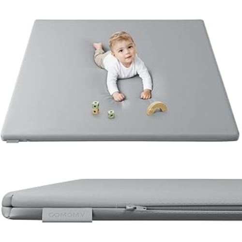 COMOMY Vegan Leather Baby Play Mats for Floor, 50 x 50 Play Mat for Playpen, Thickened High-Density Foam Playmats for Babies and Toddlers - Extra Soft and Resilient, Easy to Wipe Clean, Light Gray