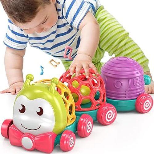MOONTOY Caterpillar Car Toys for Babies 6-12 Months, Infant Musical Push & Go Crawling Toy for Toddler Sensory Soft Developmental Grasp Baby Toy Car for 7 8 9 10 11 18 Month 1 Year Old Boys Girls Gift