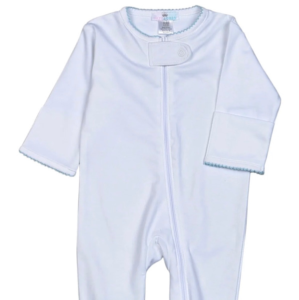 White Zipper Footie Blue Picot Trim