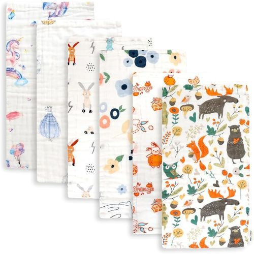 Maliton Muslin Baby Burp Cloths 6 Pack Large 20''x10'' 100% Cotton Burp Rags Absorbent and Soft 6 Layers Muslin Cloth Baby Washcloth Essentials for Newborn(Zoo Pattern, Pack of 6)