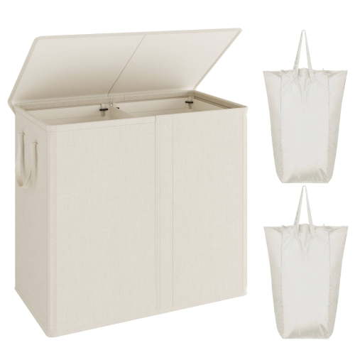 BGTREND Double Laundry Hamper with Lid 110L Laundry Basket with Removable Liner Bags Collapsible Laundry Sorter Dirty Clothes Hamper (Beige)