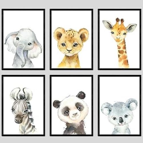Baby Safari Animals for Girl or Boy Nursery Bedroom, Set of 6 Unframed Wall Art Prints, Nursery Decor Gift, Giraffe Elephant Lion Zebra Panda Koala Posters (8x10)