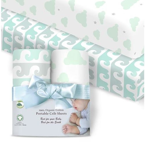 100% Organic Cotton Fitted Sheets for Graco Pack n Play, Babyletto, Pamo Babe, Hiccapop, Dream on Me, Evenflo, Baby Trend, Hygge Hush Portable/Mini Crib/Playards, and Beka Bedside Bassinet 2 Pk