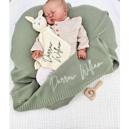 Baby Blanket Set, Baby shower Gift, Embroidered Name, Stroller Blanket, Newborn Baby Gift, Soft Breathable Cotton Knit