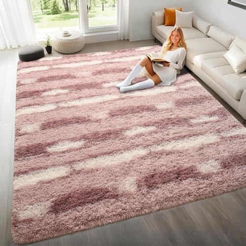 Woottpe 5x7 Feet Area Rugs for Living Room Bedroom,Pink and White Machine Washable Soft Fluffy Shaggy Indoor Rug, Floor Carpet for Girls Boys Kids, Dorms, Nursery Rooms, Home Decor Aesthetic