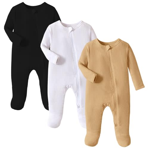 OPAWO Newborn Footie Pajamas with Mitten Cuffs Double Zipper Sleepers Baby Boy Girl Onesie Footed One-Piece Romper 0-6 Months