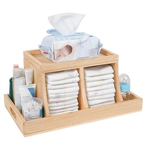 Diaper Caddy Organizer, Changing Table Organizer, Wooden Diaper Organizer for Nursery, Baby Diaper Storage Organizer with Removable Dividers (Brown, Rectangular Size)