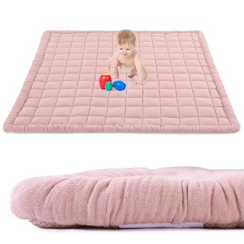 BALAPET 100% Cotton Muslin 71x59 Play Mat for Playpen, Soft Baby Playpen Mat for Kids Toddler Crawling and Play, Non-Slip and Washable Playmat, Pink