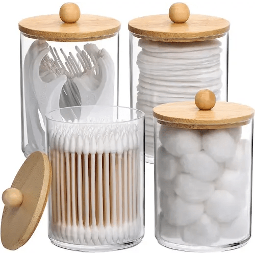 Tbestmax 4 Pack Qtip Holder, 10-Ounce Bathroom Organizer Accessories Storage Containers Clear Plastic Apothecary Jars with Bamboo Lids for Cotton Ball, Cotton Swab, Floss