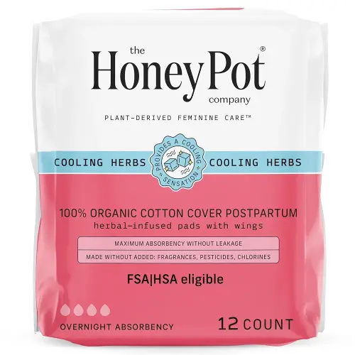 The Honey Pot Company - Herbal Postpartum Pads w/Wings - Infused w/Essential Oils for Cooling Effect, Organic Cotton Cover, & Ultra-Absorbent - 12ct
