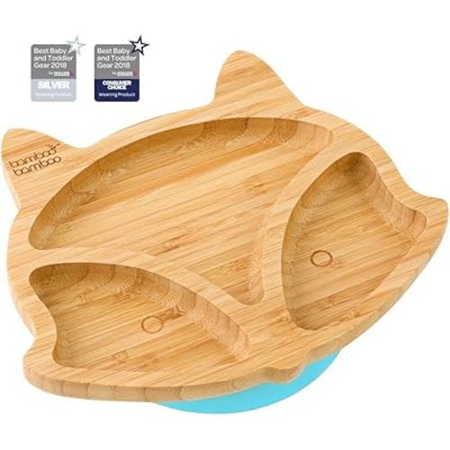 Bamboo Baby Plate with Suction - Kids and Toddler Suction Cup Plate for Babies, Non-toxic All-Natural Bamboo Baby Food Plate Stays Cool to the Touch for Baby-Led Weaning (Fox-Blue)
