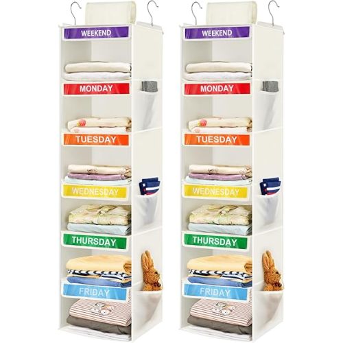 2 Pack 6-Shelf Weekly Clothes Organizer for Kids, Hanging Daily Closet Organization with 6 Side Pockets, Days of The Week Clothing Divider Storage for Boys and Girls (White)