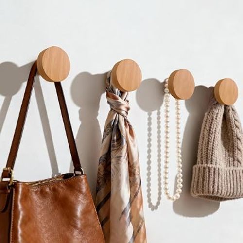 4 Pack Wood Hooks No Damage Wall Hooks Round Rings Adhesive Hooks Clothes Friendly for Coat Hat Towels Backpacks Bedroom Entryway Hallway Saving Space Natural Modern Home Decorative (Beech)