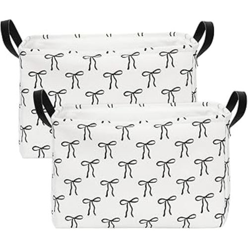 2Pcs Black Bow Storage Basket with Handles Coquette Cube Storage Bin Foldable Fabric Container Box for Bedroom Shelves Closet Cloth Toy Organizer