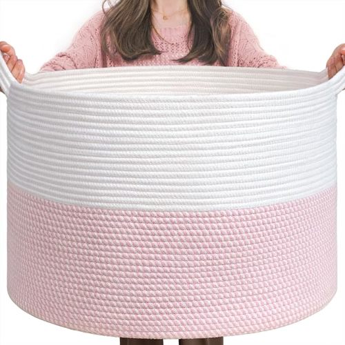 INDRESSME XXXLarge Storage Basket with Handle, Pink Laundry Basket for Nursery Stuffed Animal Storage, Baby Baskets Kids Toy Organizer, 21.7" x 21.7" x 13.8", Pink