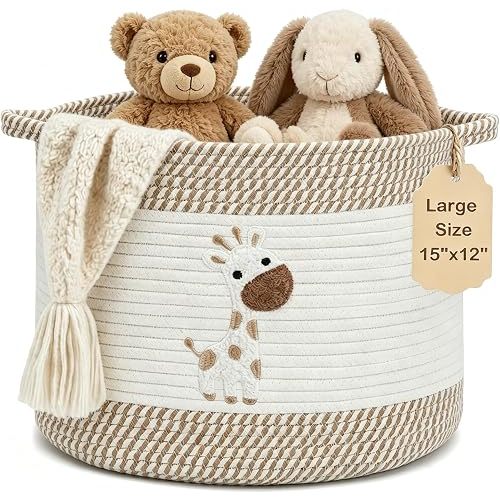 Baby Laundry Basket for Nursery, Large 15”x12” Baby Storage Baskets, Cotton Rope Kids Hamper Soft Foldable Bin with Cute Embroidered Animal Designs for Home Toys Organize